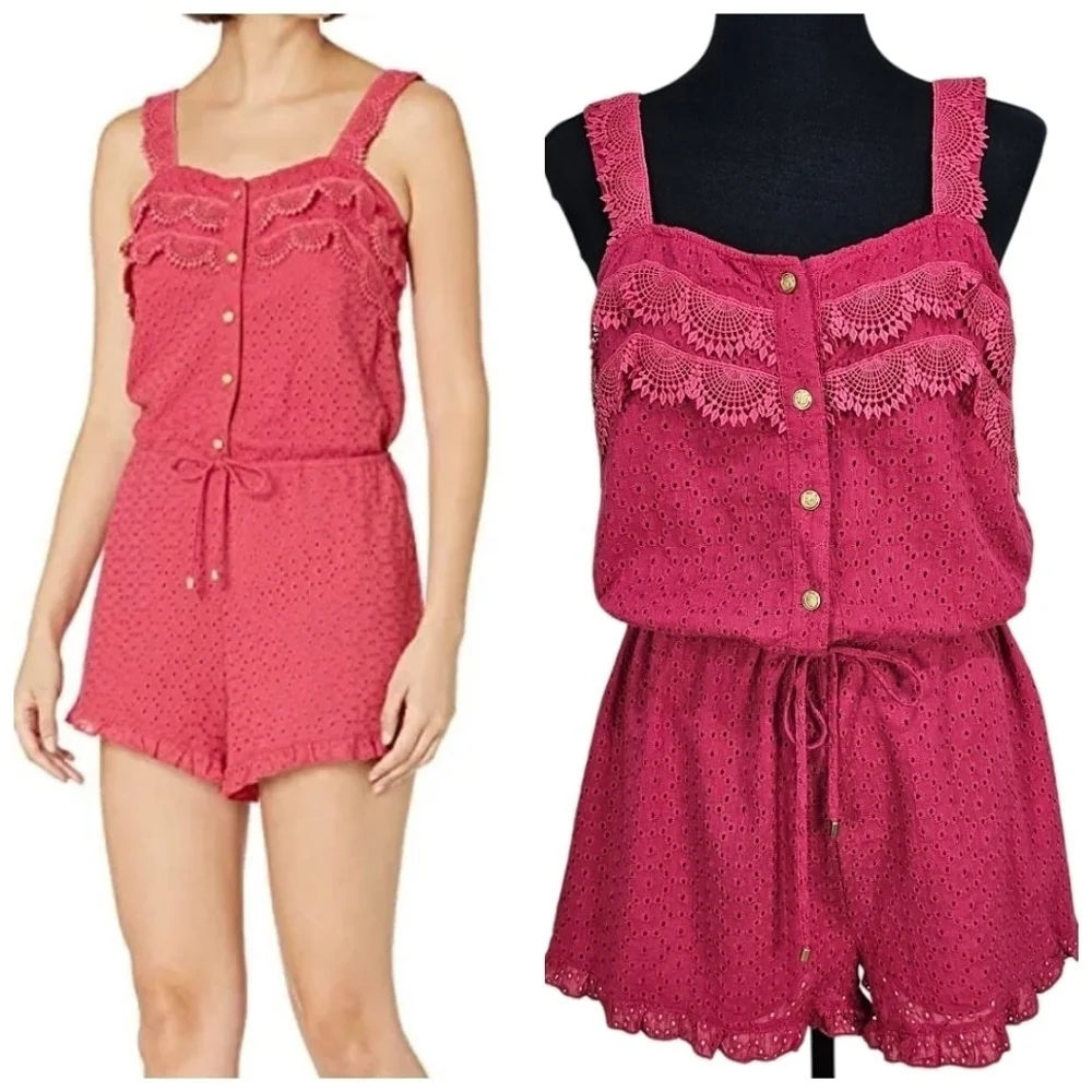 NWT Sperry Cotton Button Down Eyelet & Lace Drawstring Waist Romper Pink Red L